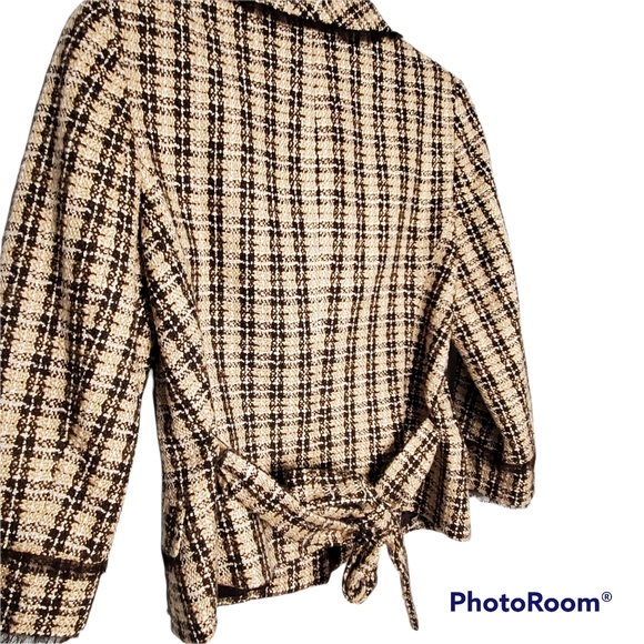 Laundry by Shelli Segal tweed belted waist blazer jacket tan brown cream size 10 - Picture 4 of 10